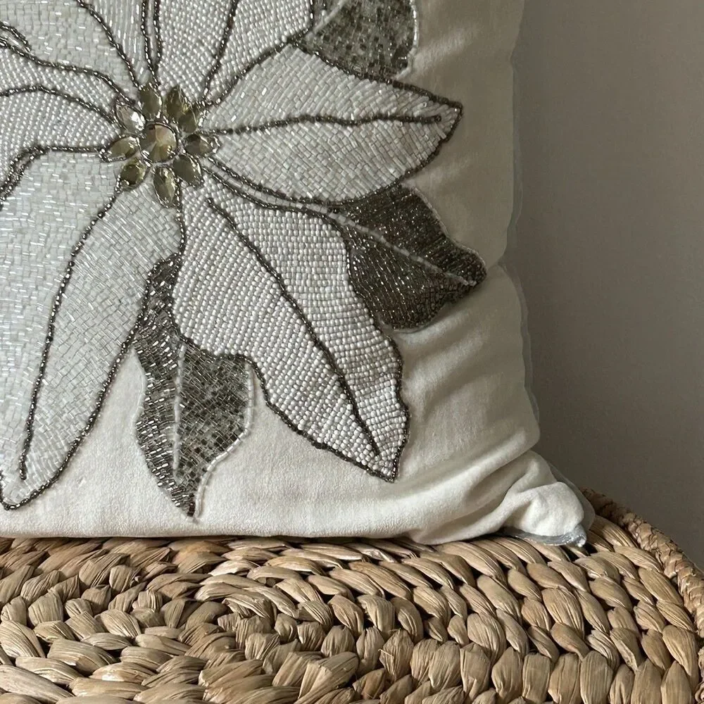 Pier 1 Imports Pillow Beaded Rhinestone Snowflake Decorative Throw Silver White